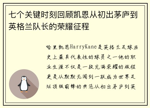 七个关键时刻回顾凯恩从初出茅庐到英格兰队长的荣耀征程 七个关键时刻回顾凯恩从初出茅庐到英格兰队长的荣耀征程